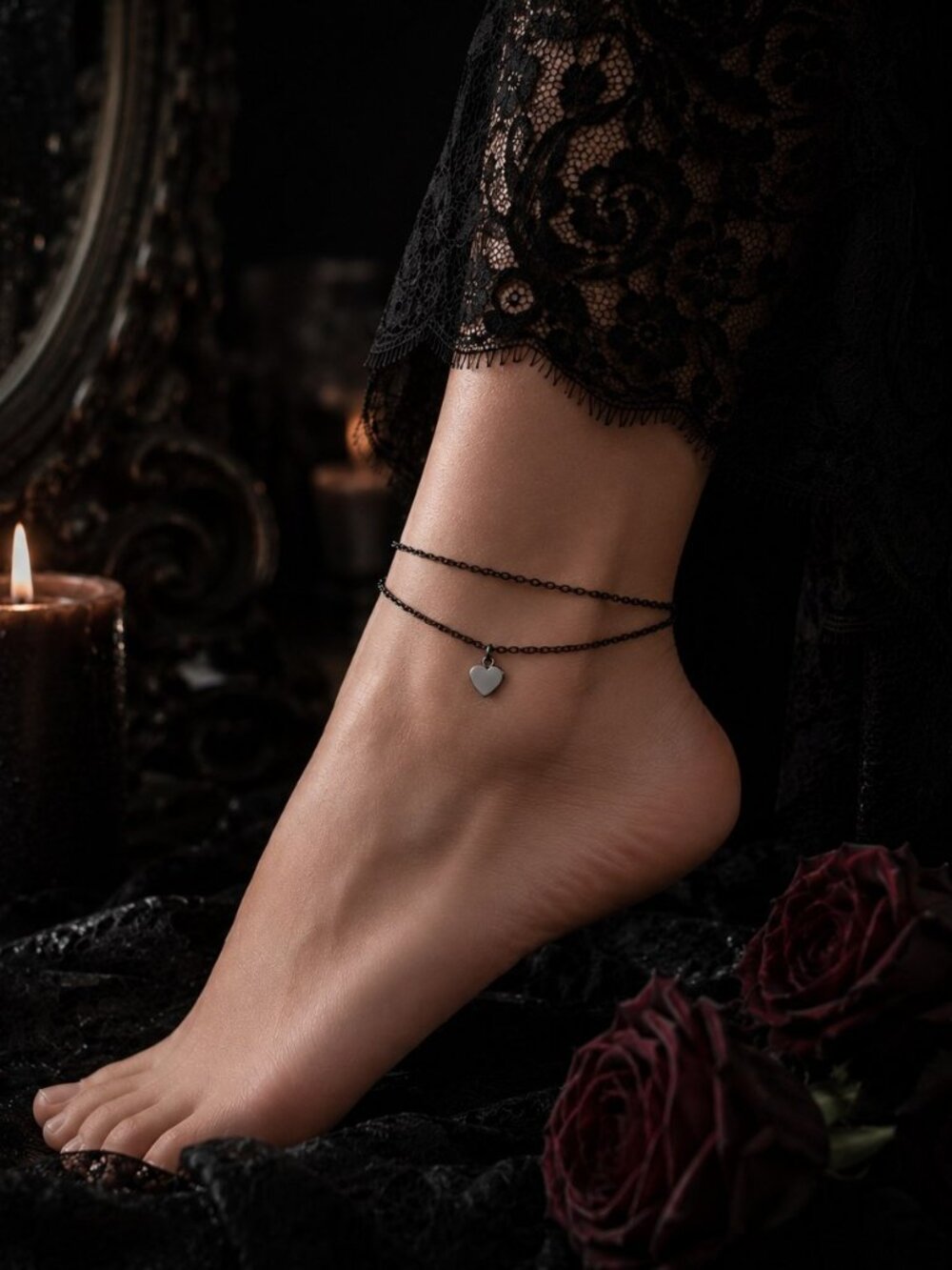Midnight Heart Gothic Anklet Stainless Steel Layered Chain Dark Romance